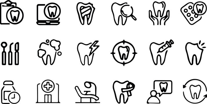 Dental Treatment and Healthcare Icon Set with Outline Symbols for Clinic, Toothache, and Medical Checkup