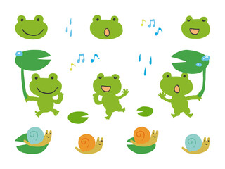 Set of cute hand drawn frogs and snails characters on transparent background © tan_ illustration
