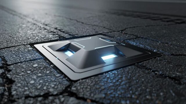 Modern illuminated road stud light embedded in wet asphalt pavement at night