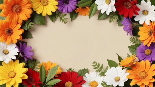 Bright colorful floral frame with daisies and green leaves on beige background for spring and summer designs