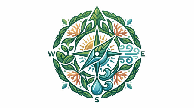A vibrant, stylized compass rose emblem featuring natural elements like sun, wind, water, and earth, encircled by a lush green leaf and floral wreath, symbolizing environmental guidance and harmony.
