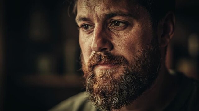 Close up portrait of thoughtful bearded man with emotional expression and soft natural lighting