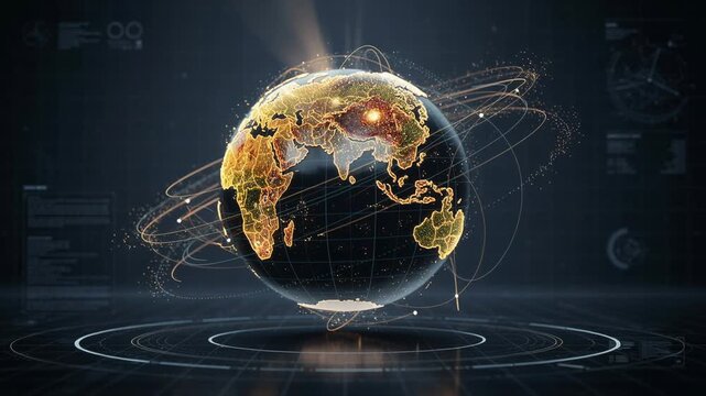 Futuristic digital globe with glowing continents and network connections representing global technology and communication