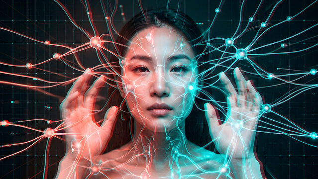 Asian Woman with Glowing Red and Teal Neural Network Synapses Radiating from Face and Hands on Dark Background