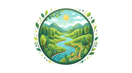 Fototapeta premium Vibrant Nature Landscape Illustration with River and Hikers