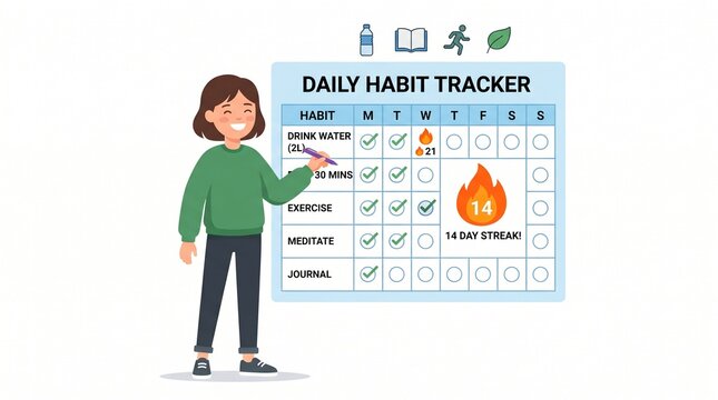 Woman tracking daily habits like drinking water exercise meditation and journaling on a habit tracker chart
