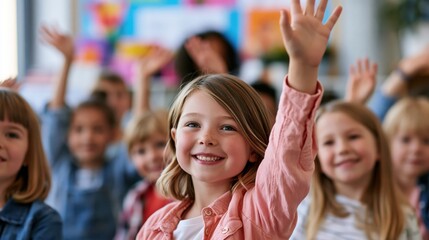 Fototapeta premium Children raise hands to participate in classroom discussions during lessons