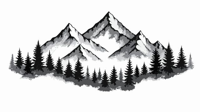 Monochrome vector illustration of a mountain range with pine trees on transparent background
