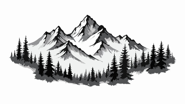 Monochrome vector illustration of a mountain range with pine trees on transparent background