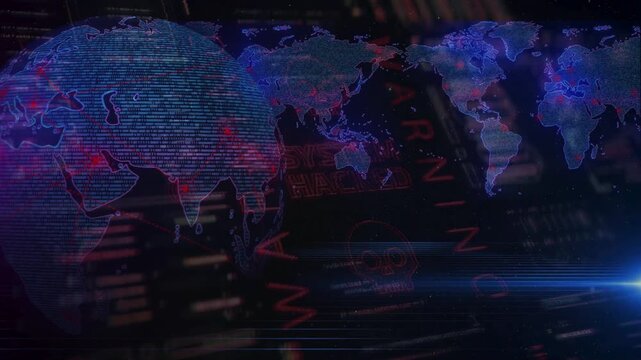 Global map glowing red with skull icons and "WARNING" text, showing cyber threat connections. Concept of worldwide cyber attack or digital pandemic.