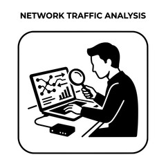 Naklejka premium Network Traffic Analysis Illustration with Data Charts and Magnifying Glass.