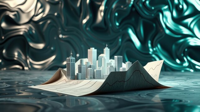 Cityscape rests upon chart resembling rising graph. Metallic background creates surreal, futuristic impression. Minimalist style, cool tones dominate scene.