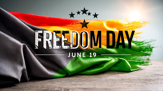 Freedom Day June 19 banner with Pan-African colors and national symbolism. Concept of emancipation, Black history, cultural heritage, equality and celebration.