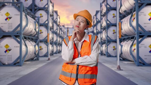 Asian Female Engineer With Safety Helmet Thinking About Something And Looking Around While Standing at Industrial Chemical Tank Container Storage Facility