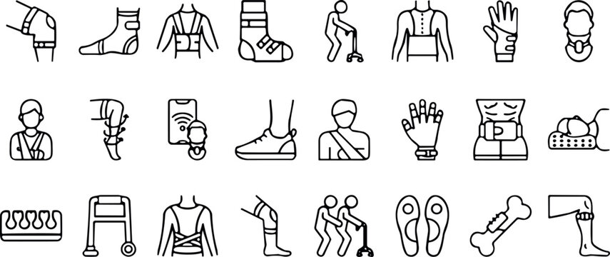 Orthopedic Equipment and Injury Rehabilitation Icon Set with Outline Symbols for Trauma Support and Medical Care