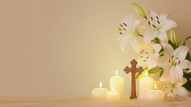 Elegant Christian condolence card background with white lilies, wooden cross and glowing candles on warm beige copy space, peaceful template for sympathy, memorial or funeral stationery.