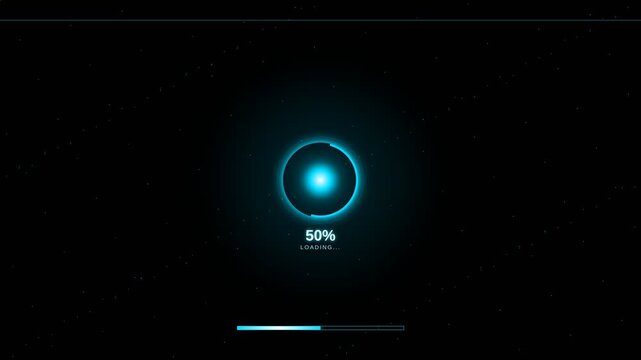 Futuristic glowing blue loading circle with progress bar and text on a dark starry background, representing technology and waiting.