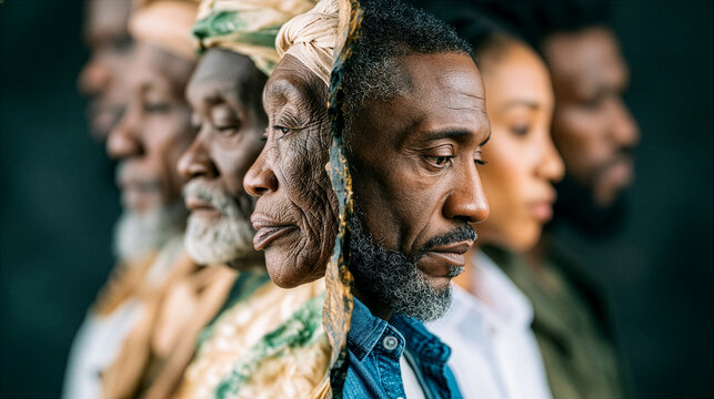 Multi-generational portrait of diverse Black individuals in profile. Concept of heritage, identity, unity, culture, diversity, inclusion and community strength. black history month.
