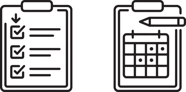 Art & Illustration, Professional efficiency time tracking icons displaying a project strategy clipboard with dropdown list checkmarks next to a business schedule timeline board.