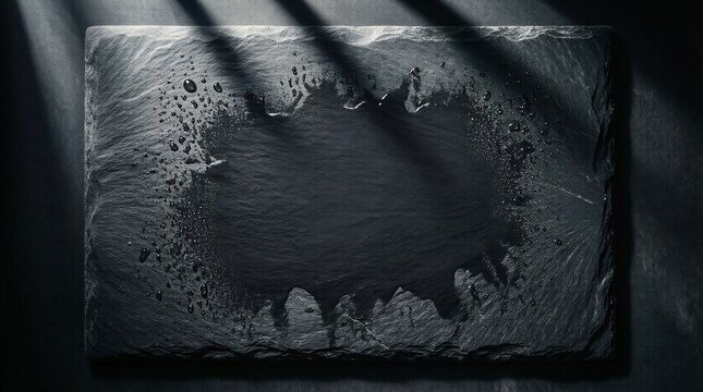 Wet black slate board with dramatic window blind shadows