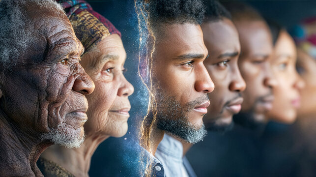 Multi-generational portrait of diverse Black individuals in profile. Concept of heritage, identity, unity, culture, diversity, inclusion and community strength. black history month.