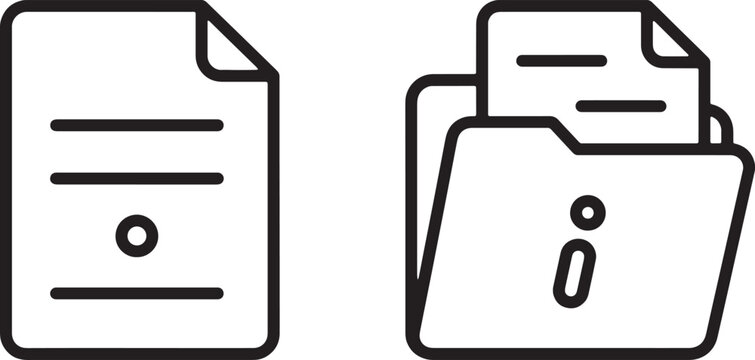 Art & Illustration, Linear office management icons presenting a formal text document with analytical bar lines next to an open corporate project directory folder.
