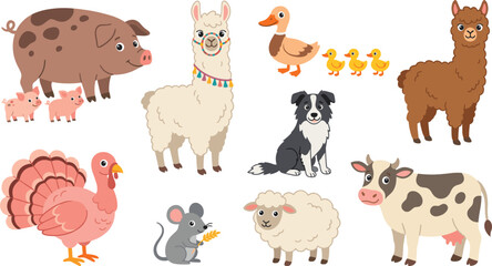 Cute domestic animals vector illustration element set with cartoon pig llama alpaca turkey mouse sheep cow duck border collie dog sticker © ms