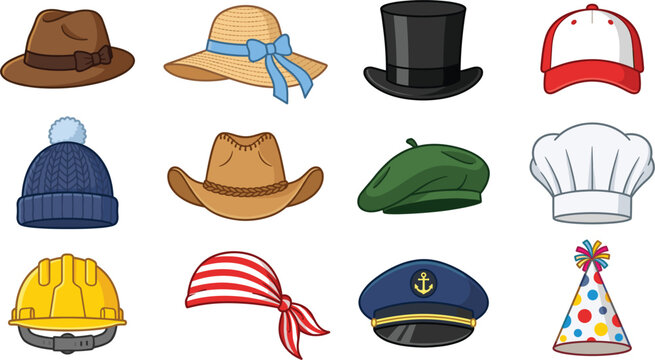 Classic hats vector illustration element set with cartoon fedora straw hat top hat baseball cap beanie cowboy beret chef helmet pirate sticker