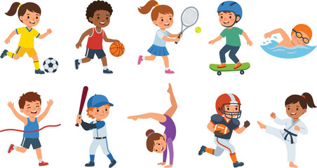 Cute kids playing sports cartoon character vector set with diverse active children soccer basketball tennis swimming running baseball football gymnastics karate