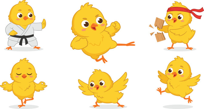 Cute karate chicken cartoon character vector set with funny little chick practicing martial arts kung fu taekwondo breaking wood sticker icon