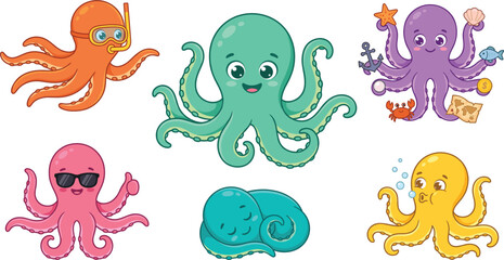 Cute octopus cartoon character emoji vector set with colorful sea animal expressing various emotions snorkeling sleeping wearing sunglasses sticker icon © ms
