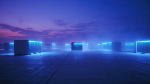 Futuristic rooftop corridor illuminated by vibrant blue neon lights during twilight, showcasing modern architectural design with foggy atmosphere