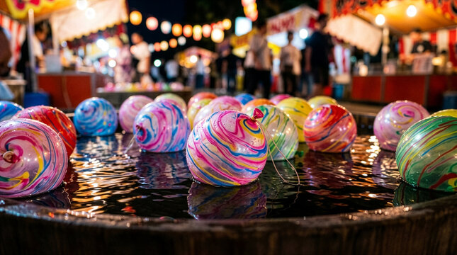 Colorful Japanese water balloons at summer night festival background