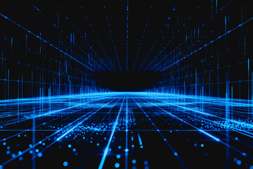 Obraz premium A futuristic wireframe digital space glowing with blue light, showing a perspective grid for tech and data concepts.