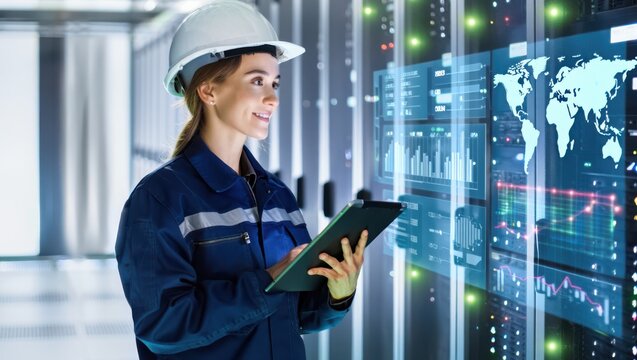 Female engineer in safety gear reviews digital data analytics dashboard with global maps and charts in modern tech facility