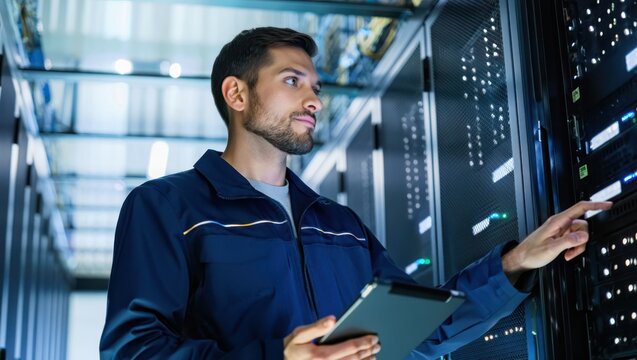 Focused professional technician inspecting and managing server racks in a modern data center environment with digital tablet