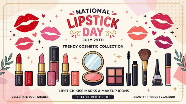 National lipstick day trendy cosmetic collection with lipstick kiss marks