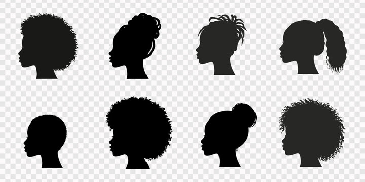 vector silhouette of a woman, Set of eight diverse human head silhouettes in profile view featuring various hairstyles on a white background, Woman profile silhouette collection, set of 8 female head