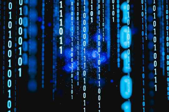 Green binary code streams flow vertically on a dark digital background, representing data and cyber technology.