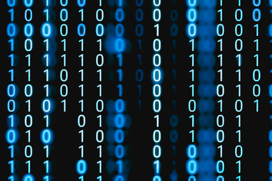 Glowing green binary code forms a digital matrix representing data and technology concepts.