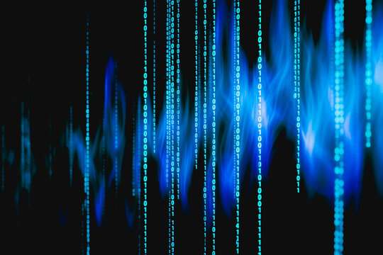Glowing green binary code streams vertically against a dark abstract digital background, representing data and technology.