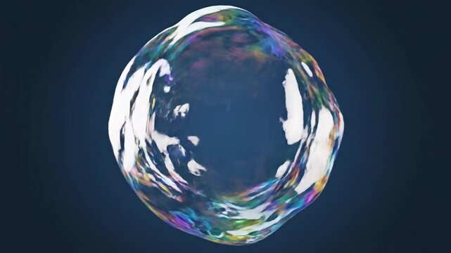 Single iridescent soap bubble floating on dark blue background