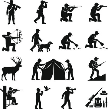 Hunting infographic icons featuring hunters with dogs tracks binoculars rifles and wild animals isolated on a transparent background for outdoor design work.