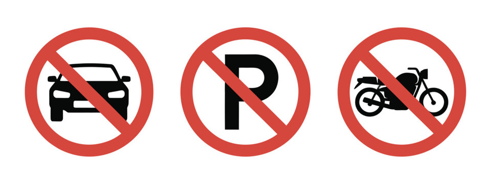 Parking restriction vector signs, car and bicycle prohibition symbols for urban traffic management, road safety, public signage.