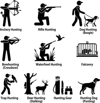Hunting icons for archery rifle dog beagle crossbow waterfowl falconry and stalking activities displayed as black silhouettes on a professional grid background.