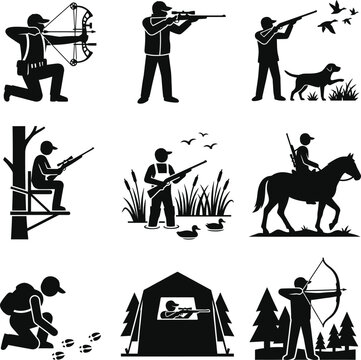 Hunting silhouettes depicting bow hunters riflemen in blinds and horseback riders for outdoors sports and wildlife activities isolated on grid background layout.