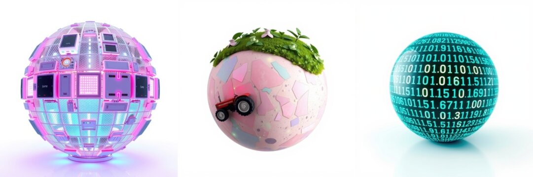 Spheres represent technology, agriculture, data. Futuristic concepts shown with vibrant colors, digital patterns, green foliage.