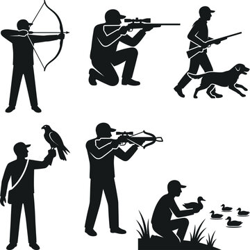 Black silhouette hunting set featuring archer rifle shooter hunter with dog falconry sportsman with crossbow duck hunting wildlife activities for outdoor sport design.