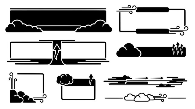 Set of black and white empty split weather banners and outline frames. Features fluffy clouds, layered wind streams, and up arrows for UI design