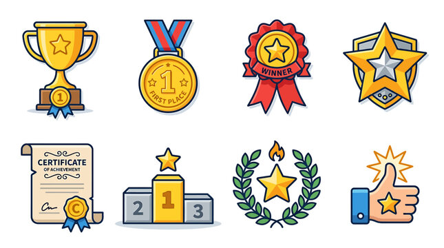 Set of Colorful Achievement Awards and Success Symbols Illustrating Trophies Medals and Certificates for Competition Winners